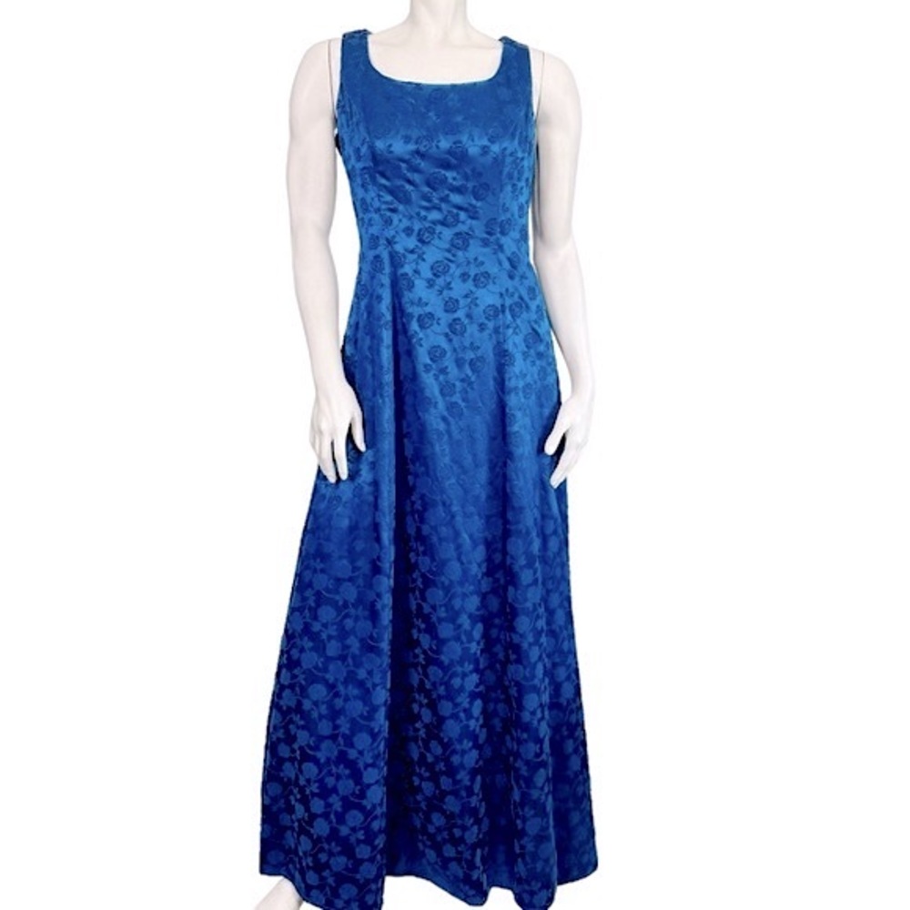 VINTAGE 90’s Niki Livas Cerulean Blue Rayon Satin Floral Velvet Tank Maxi Gown
